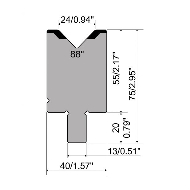 Matrijs R2 type met werkhoogte=55mm, α=88°, Radius=3mm, Gereedschapsstaal=42Cr, Max. capaciteit=1200kN/m.