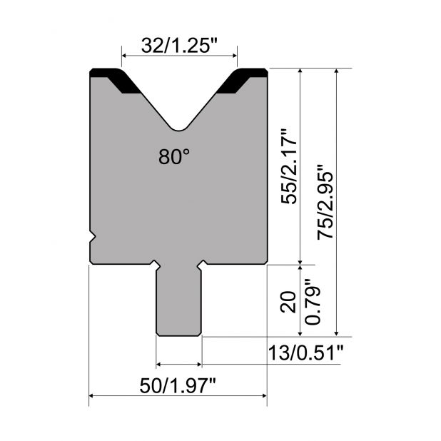 Matrijs R2 type met werkhoogte=55mm, α=80°, Radius=4mm, Gereedschapsstaal=42Cr, Max. capaciteit=1200kN/m.