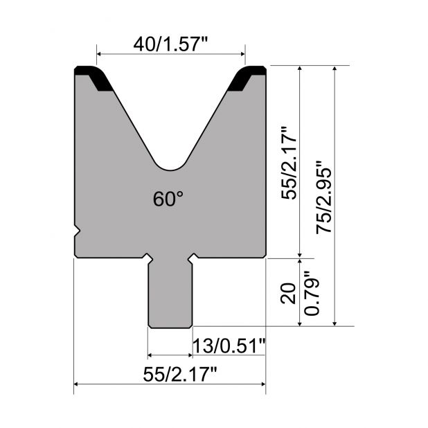 Matrijs R2 type met werkhoogte=55mm, α=60°, Radius=5mm, Gereedschapsstaal=42Cr, Max. capaciteit=1300kN/m.