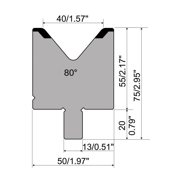 Matrijs R2 type met werkhoogte=55mm, α=80°, Radius=4mm, Gereedschapsstaal=42Cr, Max. capaciteit=1200kN/m.