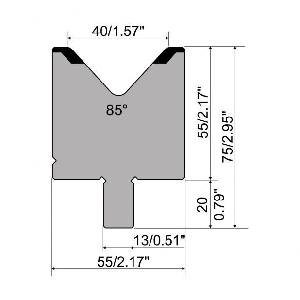 Matrijs R2 type met werkhoogte=55mm, α=85°, Radius=4mm, Gereedschapsstaal=42Cr, Max. capaciteit=1200kN/m.