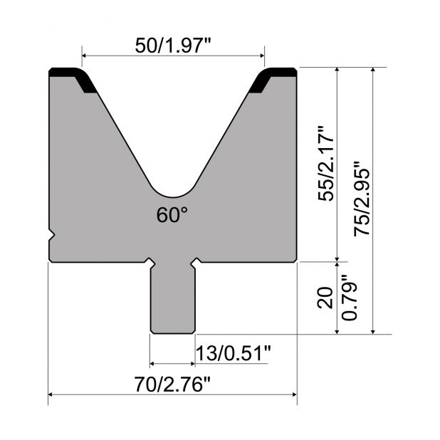 Matrijs R2 type met werkhoogte=55mm, α=60°, Radius=5mm, Gereedschapsstaal=42Cr, Max. capaciteit=1200kN/m.