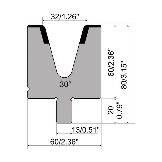 Matrijs R2 type met werkhoogte=60mm, α=30°, Radius=4mm, Gereedschapsstaal=42Cr, Max. capaciteit=650kN/m.