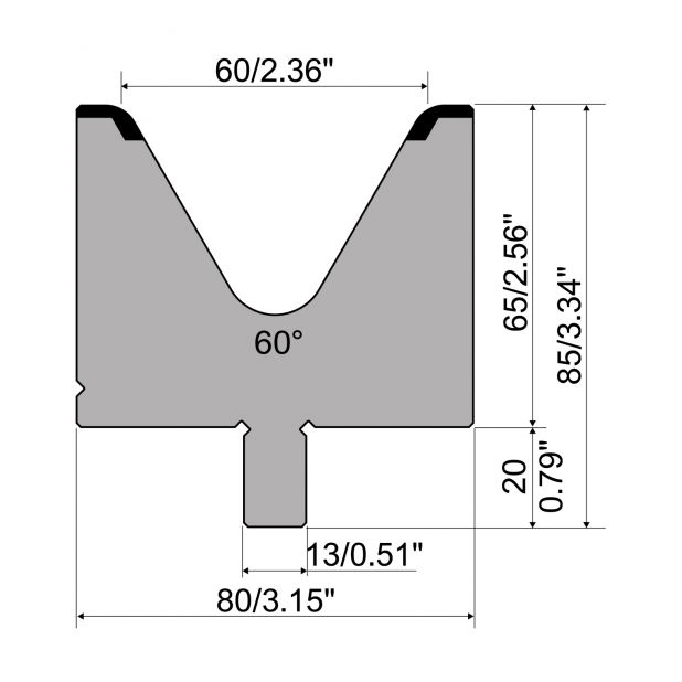 Matrijs R2 type met werkhoogte=65mm, α=60°, Radius=7mm, Gereedschapsstaal=42Cr, Max. capaciteit=1100kN/m.