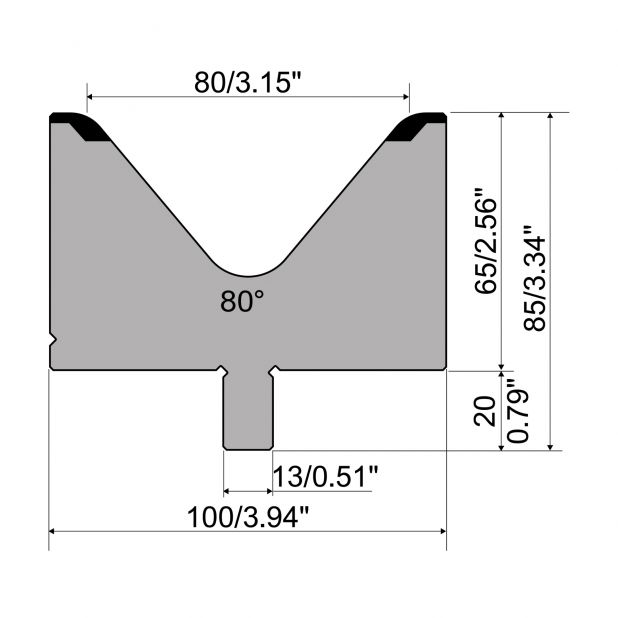 Matrijs R2 type met werkhoogte=65mm, α=80°, Radius=10mm, Gereedschapsstaal=42Cr, Max. capaciteit=1700kN/m.