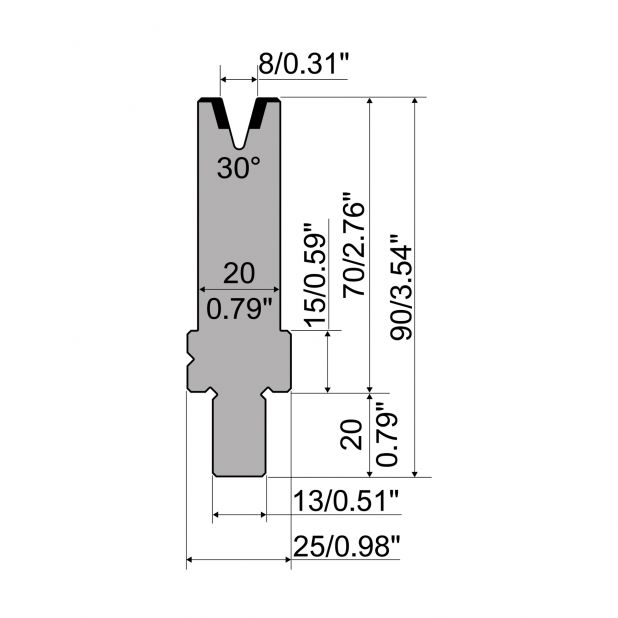 Matrijs R2 type met werkhoogte=70mm, α=30°, Radius=0,75mm, Gereedschapsstaal=42Cr, Max. capaciteit=200kN/m.