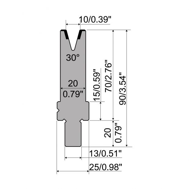 Matrijs R2 type met werkhoogte=70mm, α=30°, Radius=1mm, Gereedschapsstaal=42Cr, Max. capaciteit=350kN/m.