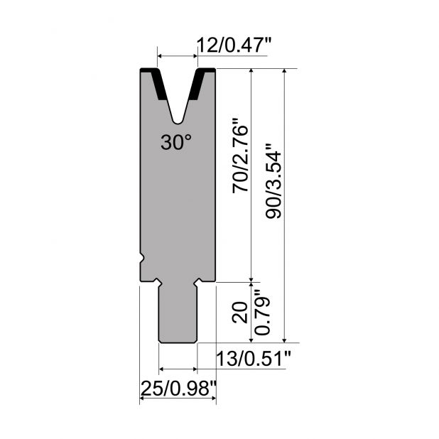 Matrijs R2 type met werkhoogte=70mm, α=30°, Radius=1,5mm, Gereedschapsstaal=42Cr, Max. capaciteit=300kN/m.