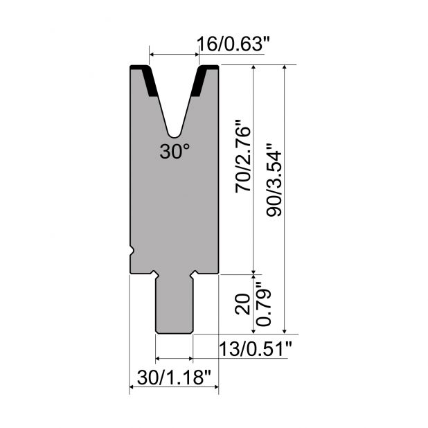 Matrijs R2 type met werkhoogte=70mm, α=30°, Radius=2mm, Gereedschapsstaal=42Cr, Max. capaciteit=450kN/m.