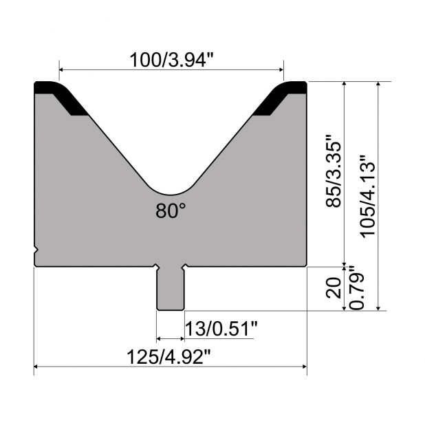 Matrijs R2 type met werkhoogte=85mm, α=80°, Radius=12mm, Gereedschapsstaal=42Cr, Max. capaciteit=2300kN/m.