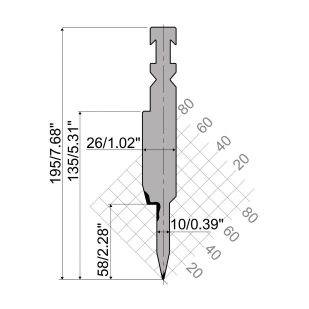 Dichtdrukgereedschap R3 RFA type Serie Classic met werkhoogte=135mm, α=24°, Radius=0,6mm, Gereedschapsstaal=