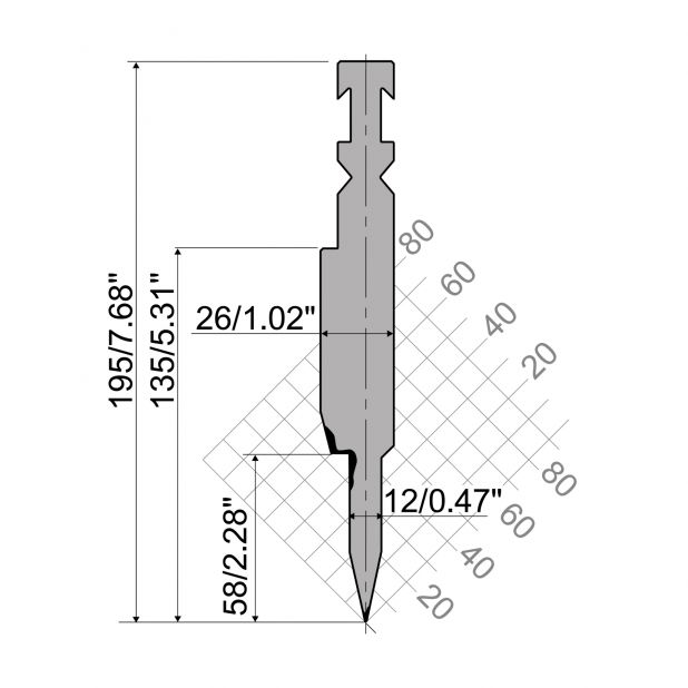 Dichtdrukgereedschap R3 RFA type Serie Classic met werkhoogte=135mm, α=24°, Radius=0,6mm, Gereedschapsstaal=