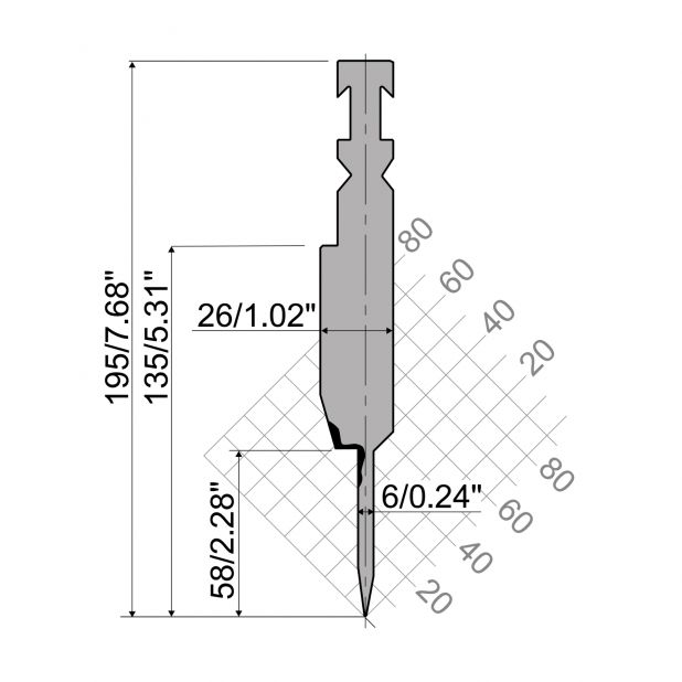 Dichtdrukgereedschap R3 RFA type Serie Classic met werkhoogte=135mm, α=28°, Radius=0,6mm, Gereedschapsstaal=