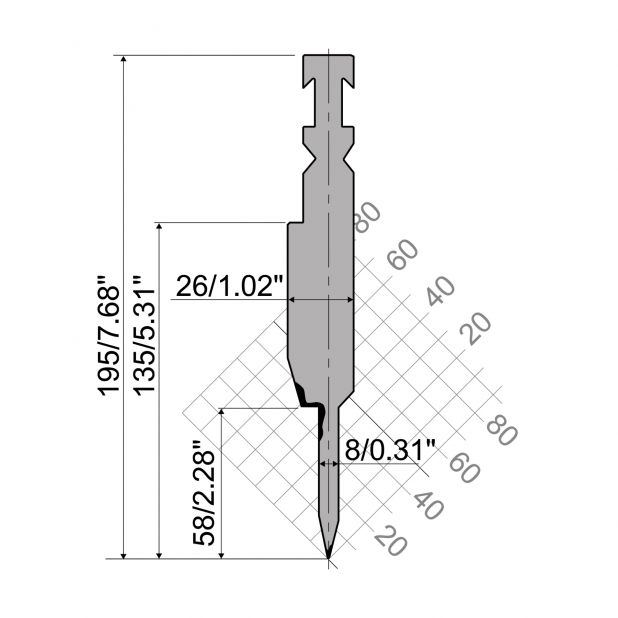 Dichtdrukgereedschap R3 RFA type Serie Classic met werkhoogte=135mm, α=28°, Radius=0,6mm, Gereedschapsstaal=