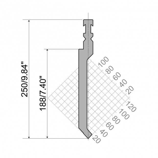 Bovengereedschap R3 RFA type met werkhoogte=188mm, α=85°, Radius=1mm, Gereedschapsstaal=42cr, Max. capacitei