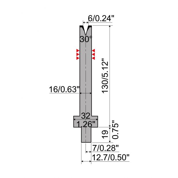 Matrijs R4 type met werkhoogte=130mm, α=30°, Radius=0,8mm, Gereedschapsstaal=42Cr, Max. capaciteit=200kN/m.