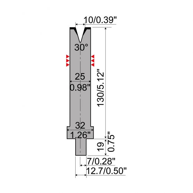 Matrijs R4 type met werkhoogte=130mm, α=30°, Radius=1,2mm, Gereedschapsstaal=42Cr, Max. capaciteit=300kN/m.