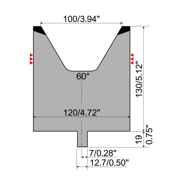 Matrijs R4 type met werkhoogte=130mm, α=60°, Radius=8mm, Gereedschapsstaal=42Cr, Max. capaciteit=1600kN/m.