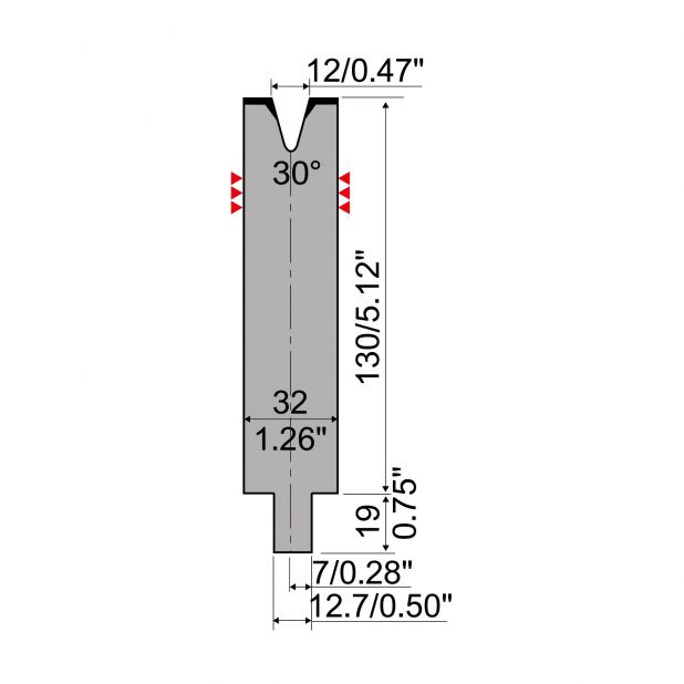 Matrijs R4 type met werkhoogte=130mm, α=30°, Radius=2mm, Gereedschapsstaal=42Cr, Max. capaciteit=380kN/m.