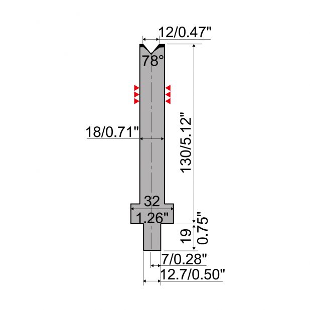 Matrijs R4 type met werkhoogte=130mm, α=78°, Radius=2mm, Gereedschapsstaal=42Cr, Max. capaciteit=600kN/m.