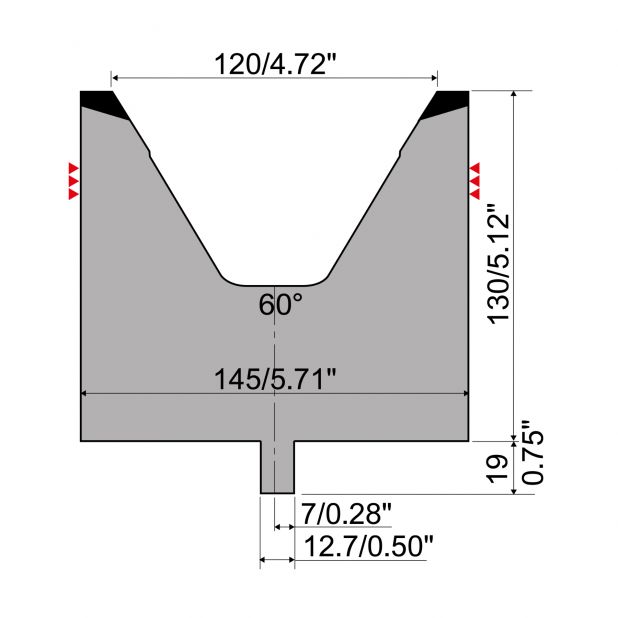 Matrijs R4 type met werkhoogte=130mm, α=60°, Radius=8mm, Gereedschapsstaal=42Cr, Max. capaciteit=1300kN/m.