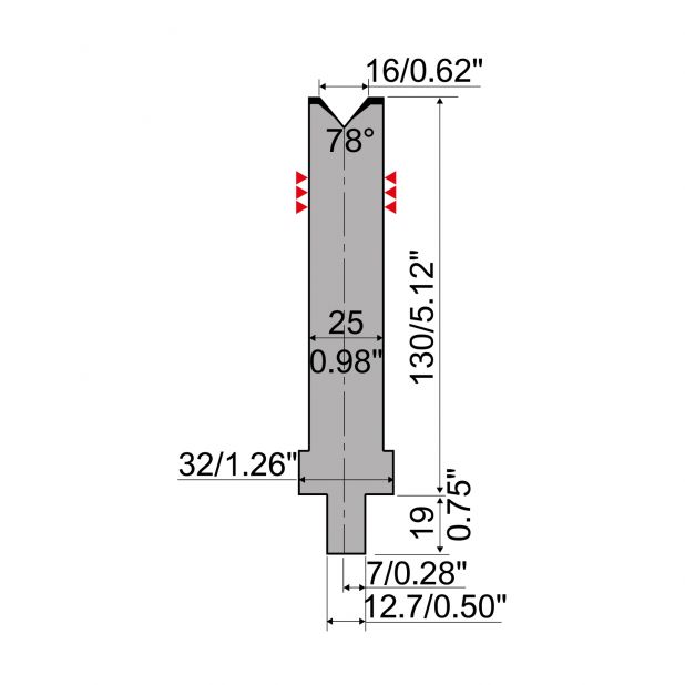 Matrijs R4 type met werkhoogte=130mm, α=78°, Radius=2,5mm, Gereedschapsstaal=42Cr, Max. capaciteit=800kN/m.
