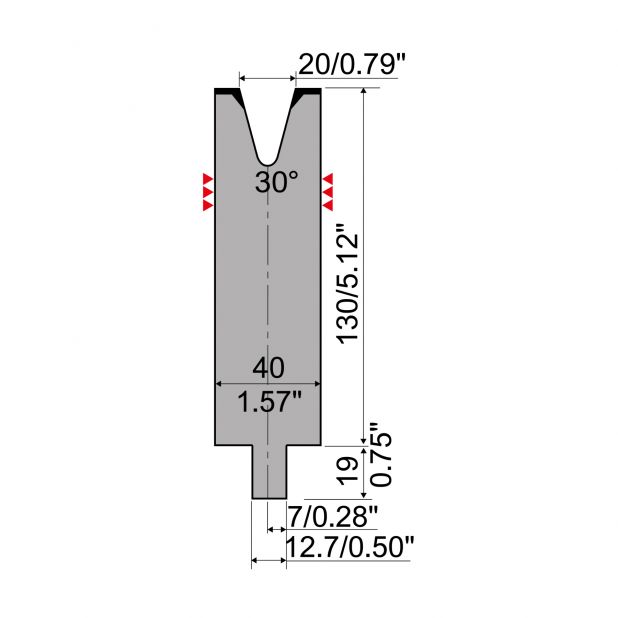 Matrijs R4 type met werkhoogte=130mm, α=30°, Radius=3mm, Gereedschapsstaal=42Cr, Max. capaciteit=380kN/m.