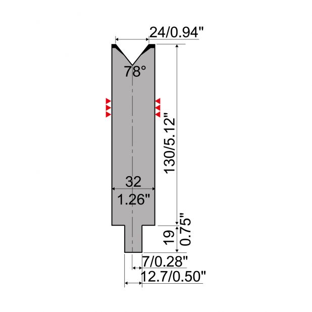 Matrijs R4 type met werkhoogte=130mm, α=78°, Radius=3mm, Gereedschapsstaal=42Cr, Max. capaciteit=1000kN/m.