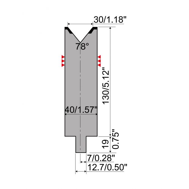 Matrijs R4 type met werkhoogte=130mm, α=78°, Radius=3mm, Gereedschapsstaal=42Cr, Max. capaciteit=1100kN/m.