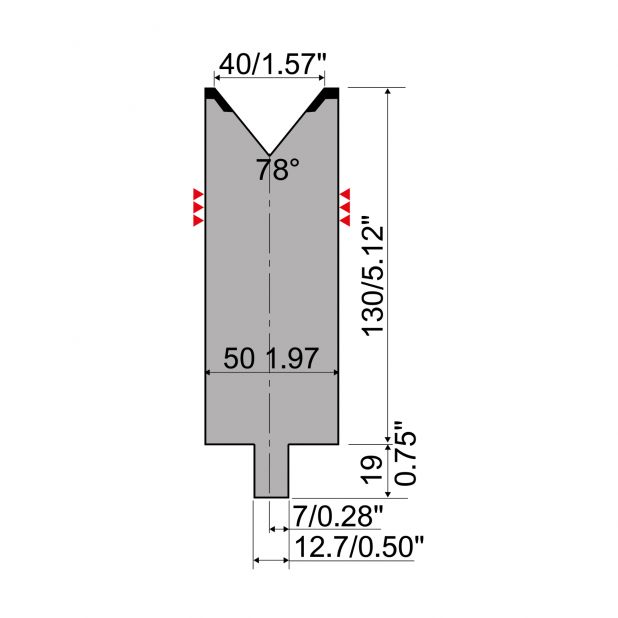 Matrijs R4 type met werkhoogte=130mm, α=78°, Radius=4mm, Gereedschapsstaal=42Cr, Max. capaciteit=1300kN/m.