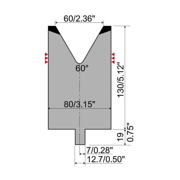 Matrijs R4 type met werkhoogte=130mm, α=60°, Radius=7mm, Gereedschapsstaal=42Cr, Max. capaciteit=1200kN/m.