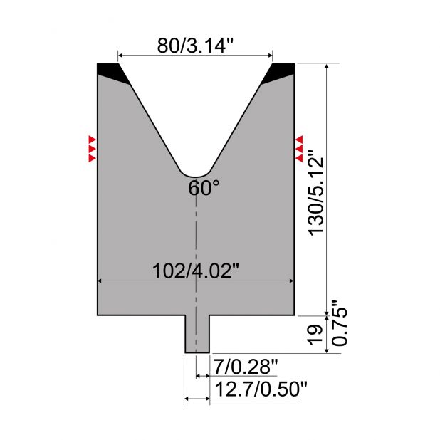 Matrijs R4 type met werkhoogte=130mm, α=60°, Radius=8mm, Gereedschapsstaal=42Cr, Max. capaciteit=1750kN/m.