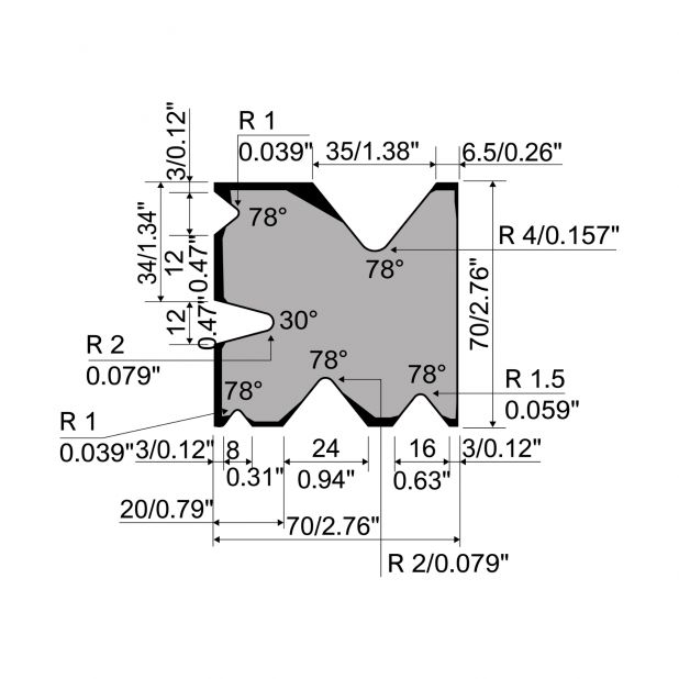 Multi-V-matrijs R4 type met hoogte=70mm, α=30-78°, Gereedschapsstaal=42cr, Max. capaciteit=950-1600kN/m.