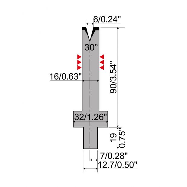 Matrijs R4 type met werkhoogte=90mm, α=30°, Radius=0,8mm, Gereedschapsstaal=42Cr, Max. capaciteit=200kN/m.