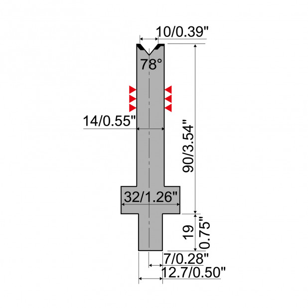 Matrijs R4 type met werkhoogte=90mm, α=78°, Radius=1mm, Gereedschapsstaal=42Cr, Max. capaciteit=500kN/m.