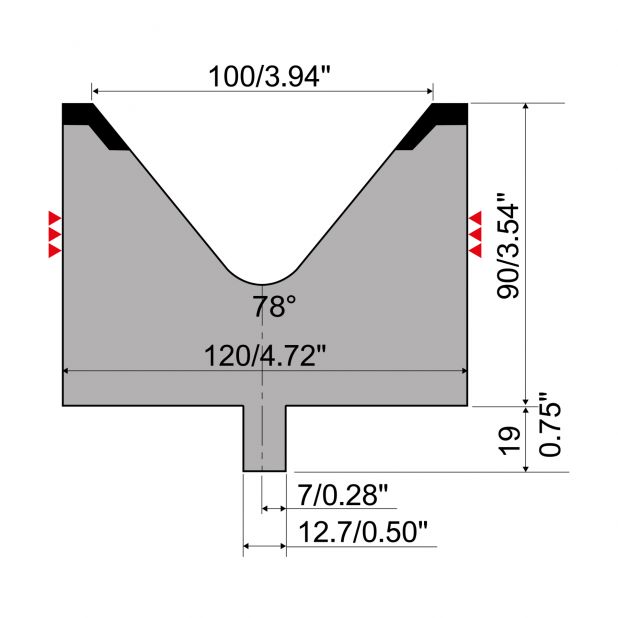 Matrijs R4 type met werkhoogte=90mm, α=78°, Radius=8mm, Gereedschapsstaal=42Cr, Max. capaciteit=1200kN/m.