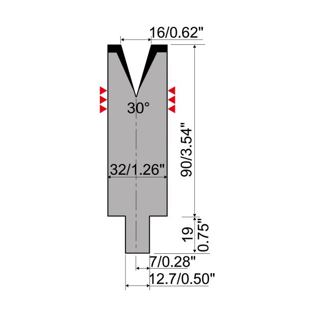 Matrijs R4 type met werkhoogte=90mm, α=30°, Radius=3mm, Gereedschapsstaal=42Cr, Max. capaciteit=380kN/m.