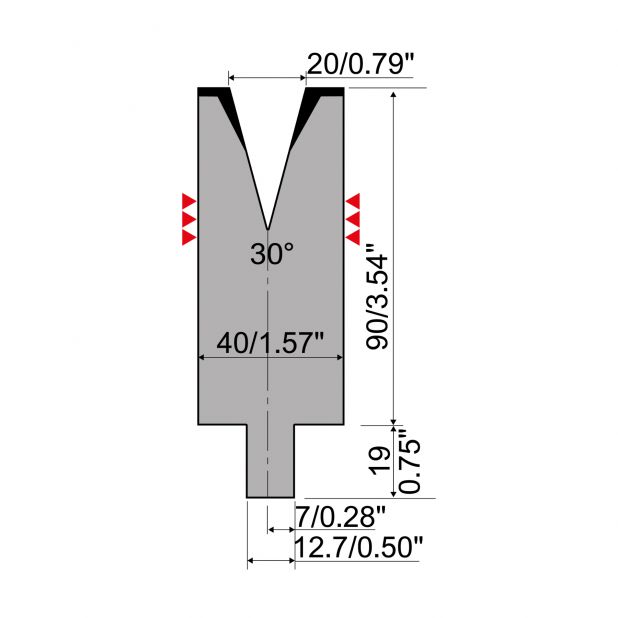 Matrijs R4 type met werkhoogte=90mm, α=30°, Radius=3mm, Gereedschapsstaal=42Cr, Max. capaciteit=380kN/m.