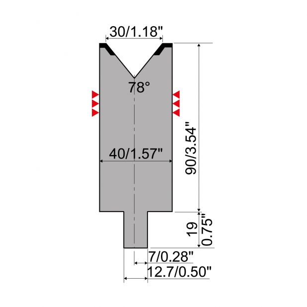 Matrijs R4 type met werkhoogte=90mm, α=78°, Radius=3mm, Gereedschapsstaal=42Cr, Max. capaciteit=1100kN/m.