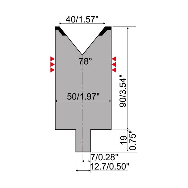 Matrijs R4 type met werkhoogte=90mm, α=78°, Radius=4mm, Gereedschapsstaal=42Cr, Max. capaciteit=1300kN/m.