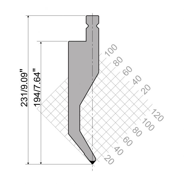 Bovengereedschap R4 NIEUW Serie W type met werkhoogte=194mm, α=78°, Radius=1mm, Gereedschapsstaal=42cr, Max.