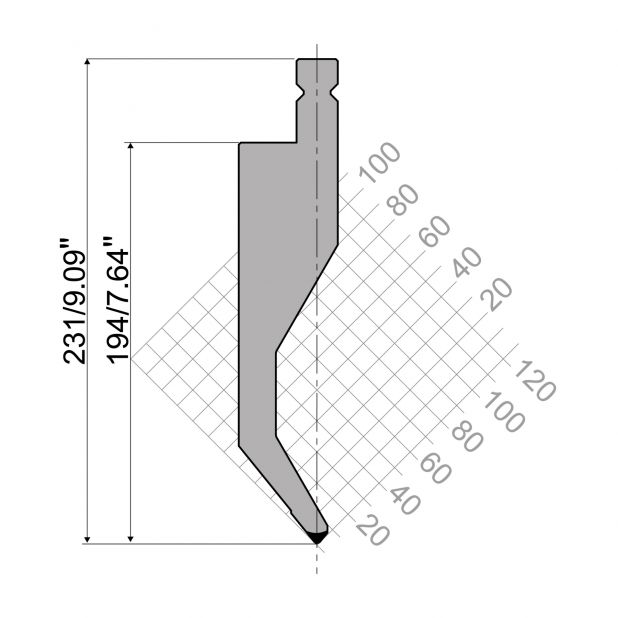 Bovengereedschap R4 NIEUW Serie W type met werkhoogte=194mm, α=78°, Radius=2mm, Gereedschapsstaal=42cr, Max.