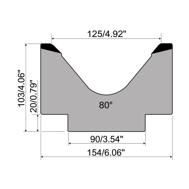 1-V Matrijs R1 Eurostyle type met hoogte=103mm, α=80°, Radius=15mm, Gereedschapsstaal=C45, Max. capaciteit=1