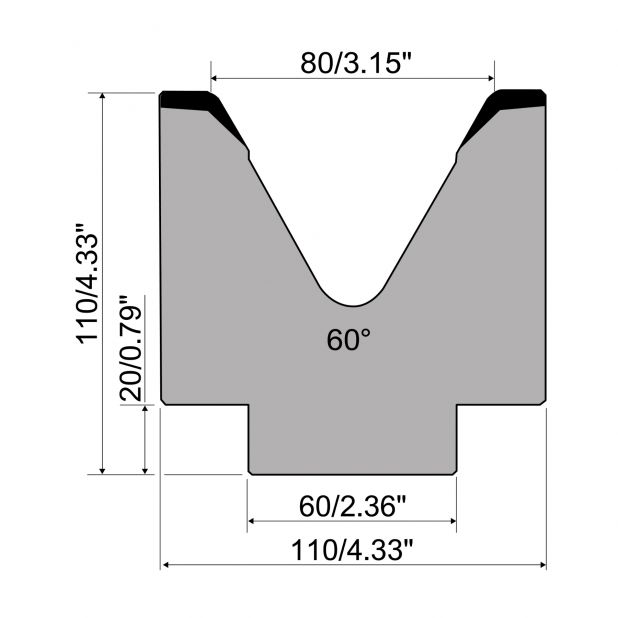 1-V Matrijs R1 Eurostyle type met hoogte=110mm, α=60°, Radius=6mm, Gereedschapsstaal=C45, Max. capaciteit=10