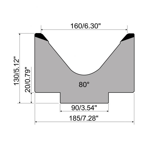 1-V Matrijs R1 Eurostyle type met hoogte=130mm, α=80°, Radius=10mm, Gereedschapsstaal=C45, Max. capaciteit=1