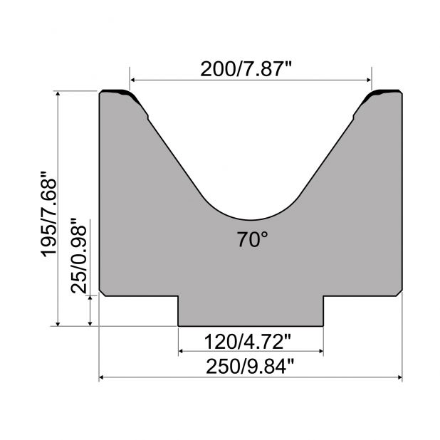 1-V Matrijs R1 Eurostyle type met hoogte=195mm, α=70°, Radius=15mm, Gereedschapsstaal=C45, Max. capaciteit=1