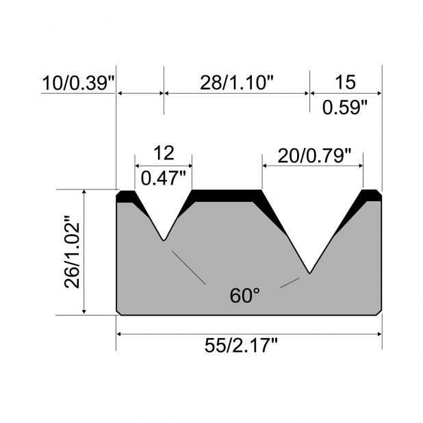 2-V Matrijs R1 Eurostyle type met hoogte=26mm, α=60°, Radius=0.8/3mm, Gereedschapsstaal=C45, Max. capaciteit