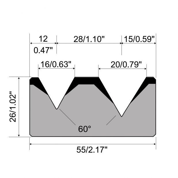 2-V Matrijs R1 Eurostyle type met hoogte=26mm, α=60°, Radius=3.0/3.0mm, Gereedschapsstaal=C45, Max. capacite
