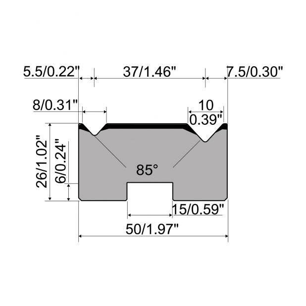 2-V Matrijs Centrisch R1 Eurostyle type met hoogte=26mm, α=85°, Radius=0.5/0.8mm, Gereedschapsstaal=C45, Max