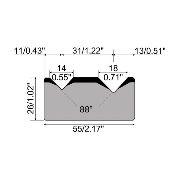 2-V Matrijs R1 Eurostyle type met hoogte=26mm, α=88°, Radius=2.75/3mm, Gereedschapsstaal=C45, Max. capacitei
